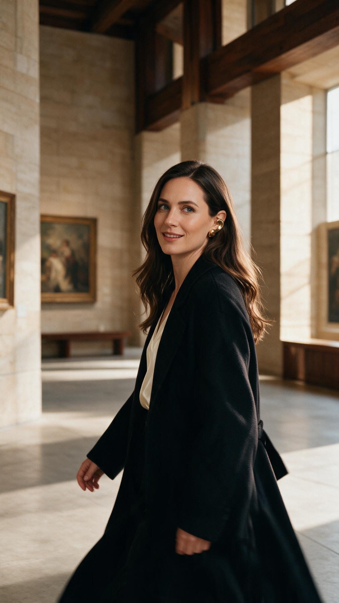 Mara Vale turning to look back in a gallery