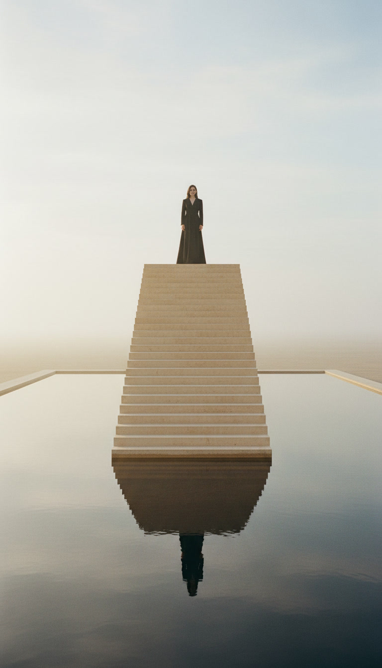 A surreal staircase rising from still water into fog
