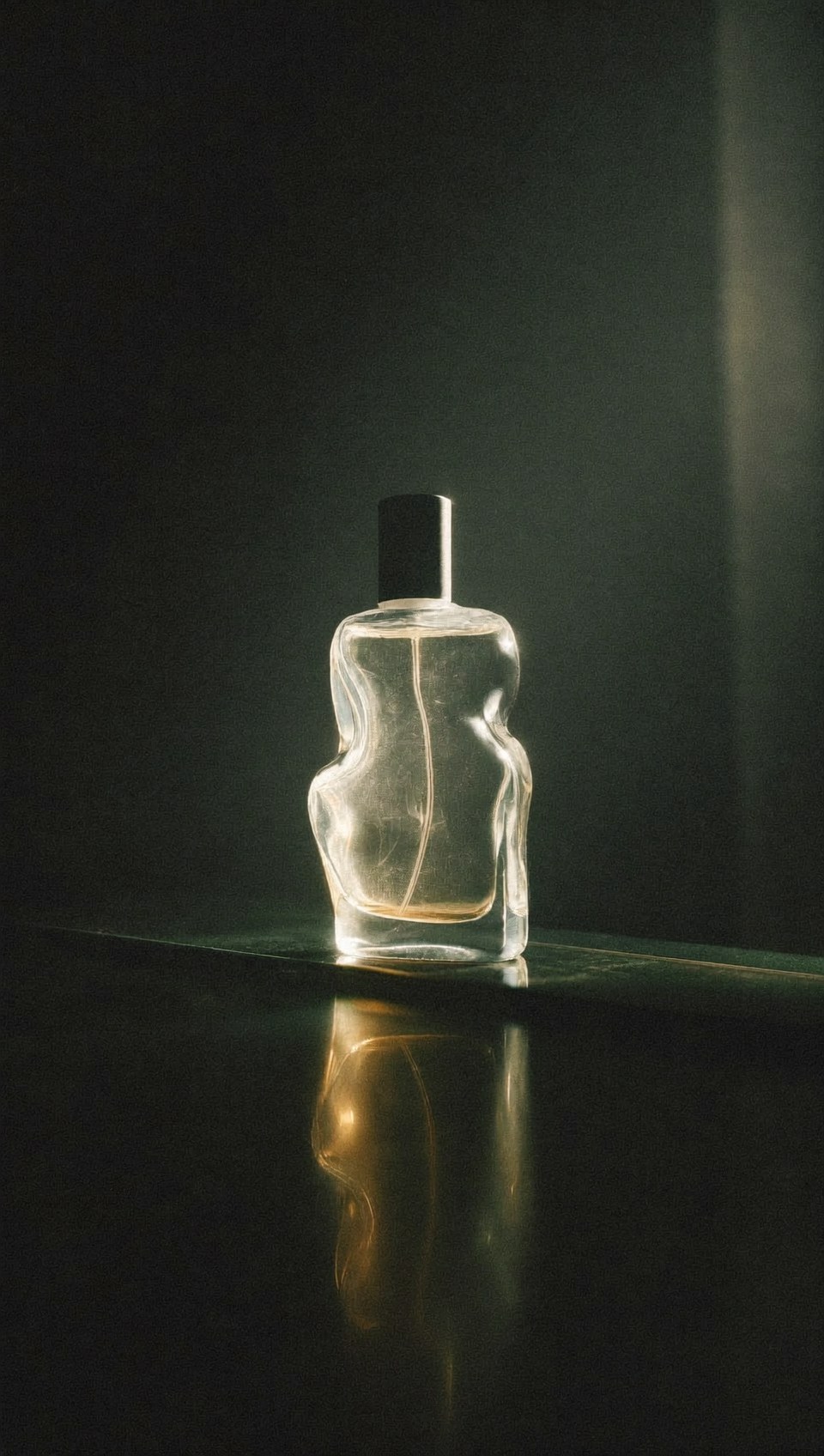 A luminous perfume bottle in low light