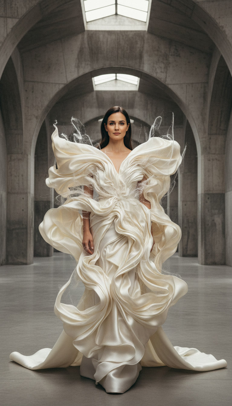 An avant-garde couture gown of sculptural white silk